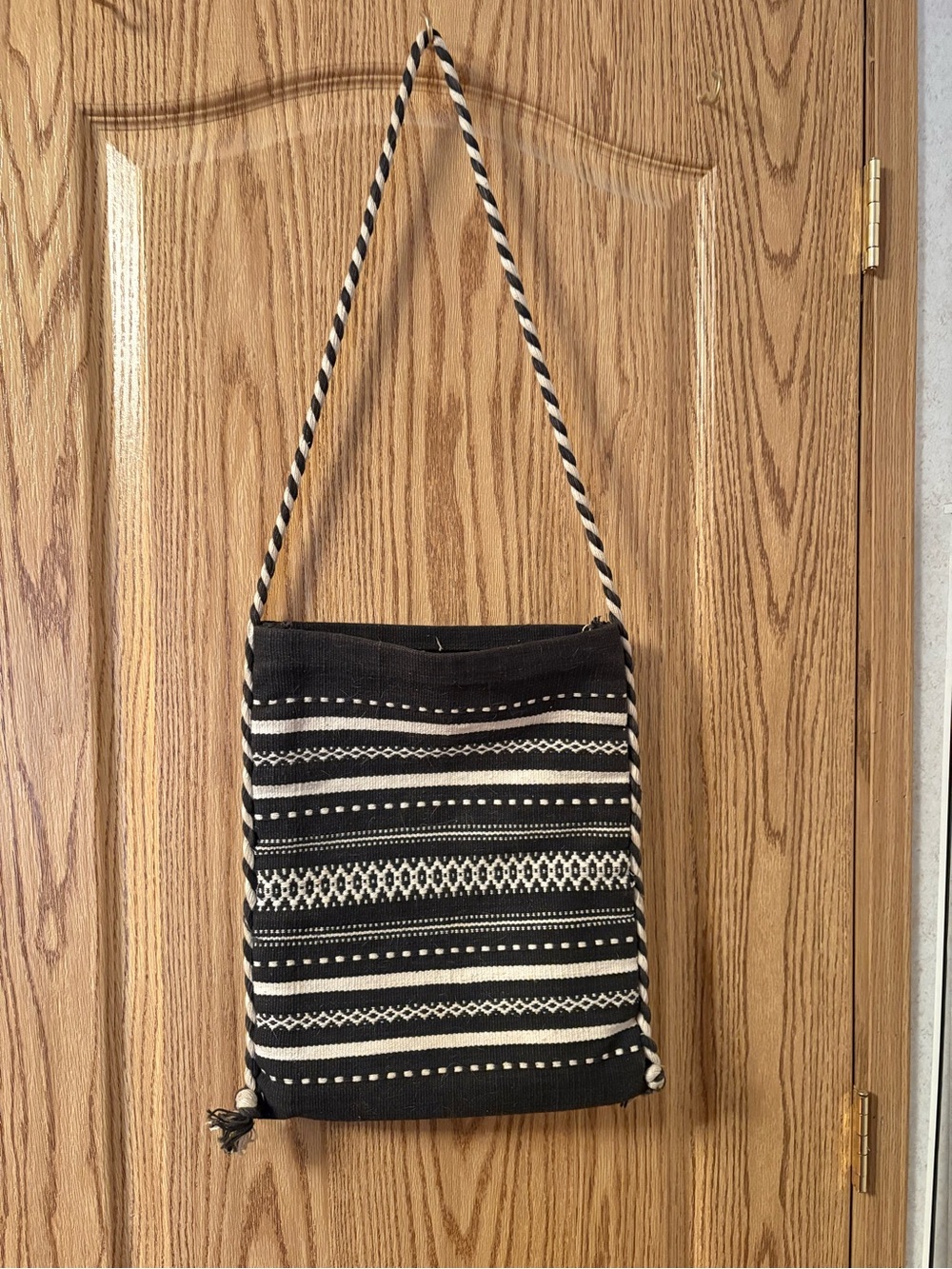 Woven Black and Cream Crossbody Bag with Braided Strap